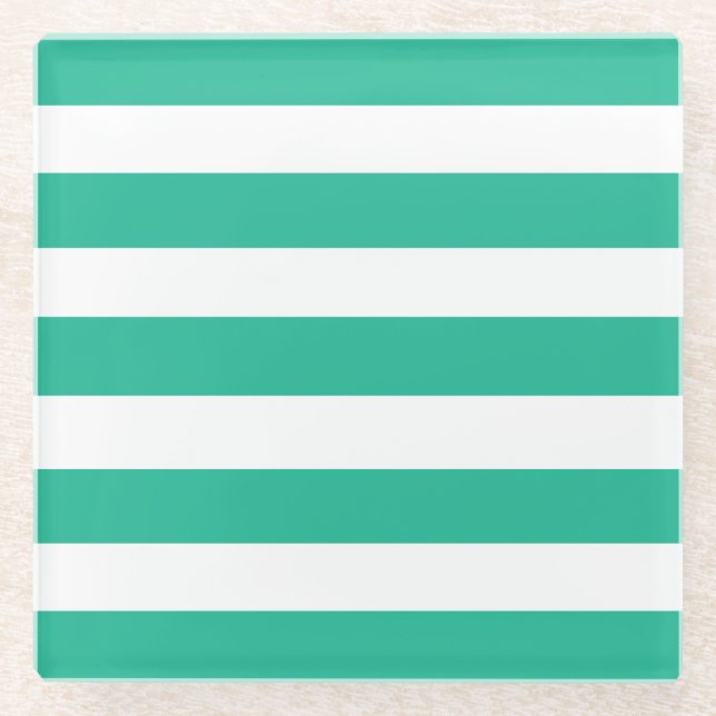 Green and White Deckchair Stripes Glass Coaster (Front)