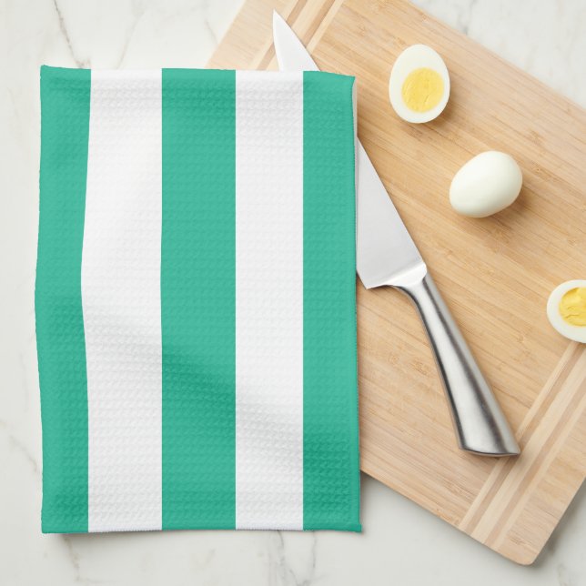 Green and White Deckchair Stripes Kitchen Towel (Quarter Fold)