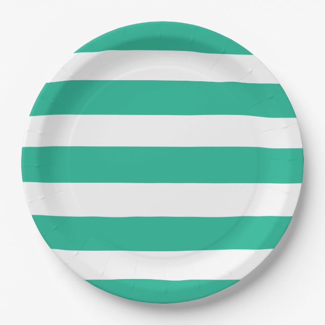 Green and White Deckchair Stripes Paper Plates (Front)