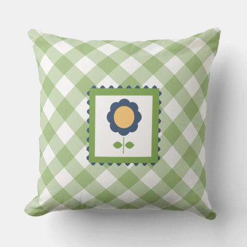 Green and White Diagonal Plaid and Floral Throw Pillow