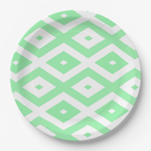 Green and white diamond pattern paper plates (Front)