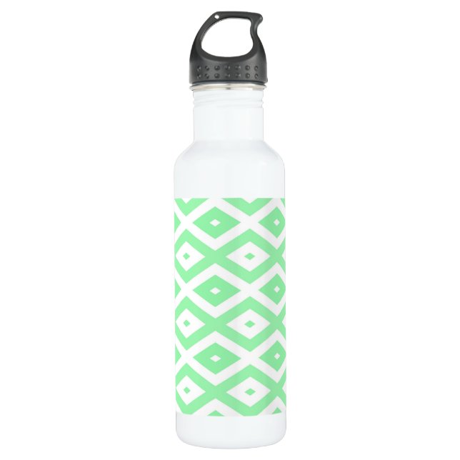 Green and white diamond pattern stainless steel water bottle (Front)