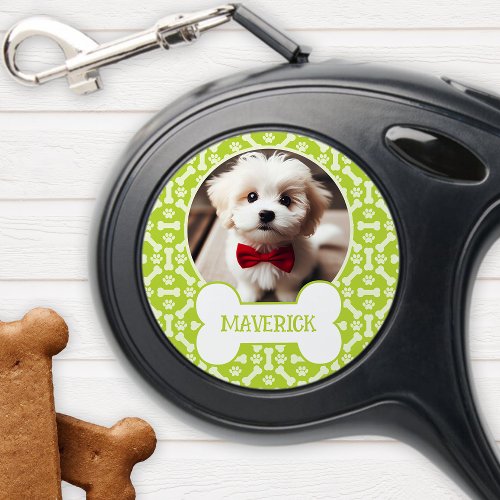 Green And White Dog Bone Paw Pattern Pet Photo Retractable Pet Leash