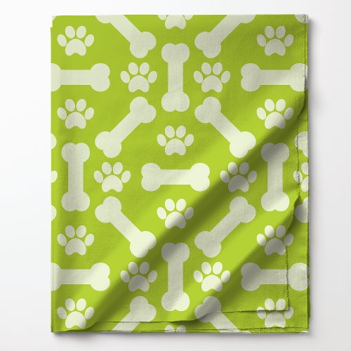 Green And White Dog Bones And Paw Prints Pattern Fabric