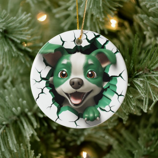  Green and White Dog Peeking Ceramic Ornament (Tree)