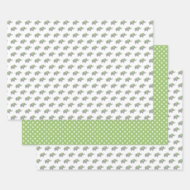 Green and White Elephant Baby Shower Wrapping Paper Sheets (Set)