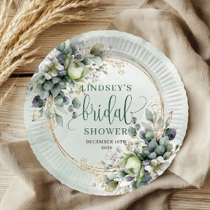 Green And White Eucalyptus Bridal Shower Paper   Plates
