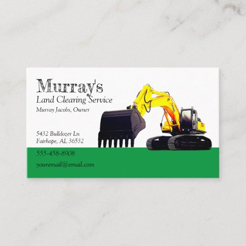 Green and White Excavator Land Clearing Business Card