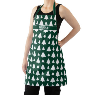 Green And White Fir Christmas Tree Pattern &amp; Name Apron