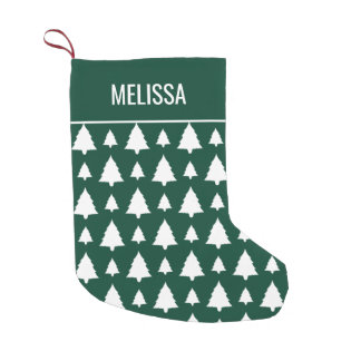 Green And White Fir Christmas Tree Pattern &amp; Name Small Christmas Stocking
