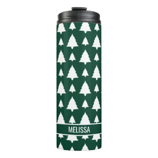 Green And White Fir Christmas Tree Pattern &amp; Name Thermal Tumbler