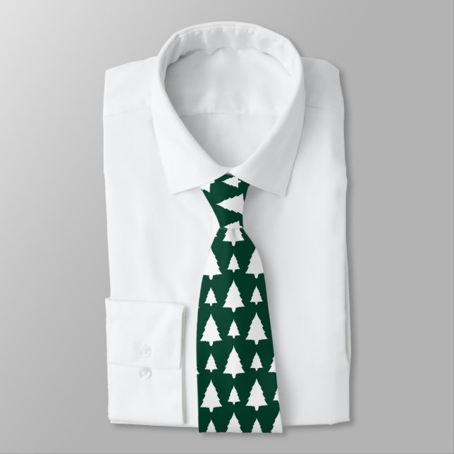 Green And White Fir Christmas Tree Pattern Neck Tie (Tied)