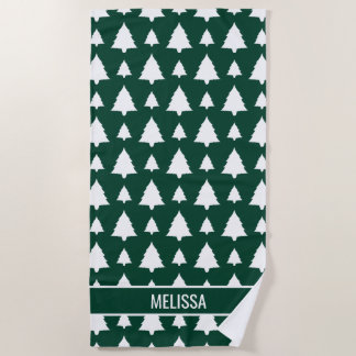 Green And White Fir Christmas Tree Pattern &amp; Text Beach Towel