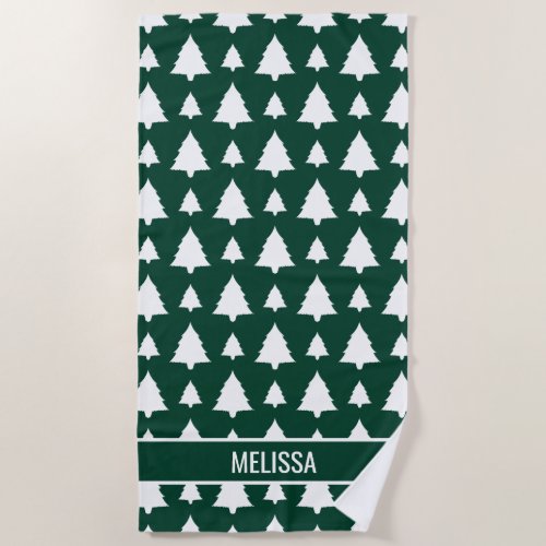 Green And White Fir Christmas Tree Pattern  Text Beach Towel