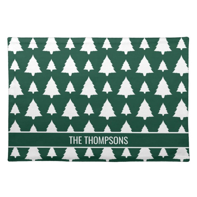 Green And White Fir Christmas Tree Pattern & Text Cloth Placemat (Front)
