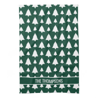 Green And White Fir Christmas Tree Pattern &amp; Text Kitchen Towel
