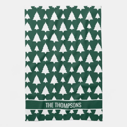 Green And White Fir Christmas Tree Pattern  Text Kitchen Towel