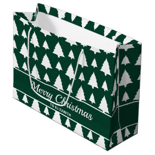 Green And White Fir Christmas Tree Pattern & Text Large Gift Bag
