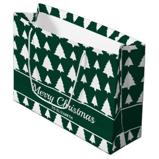 Green And White Fir Christmas Tree Pattern &amp; Text Large Gift Bag
