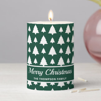 Green And White Fir Christmas Tree Pattern &amp; Text Pillar Candle