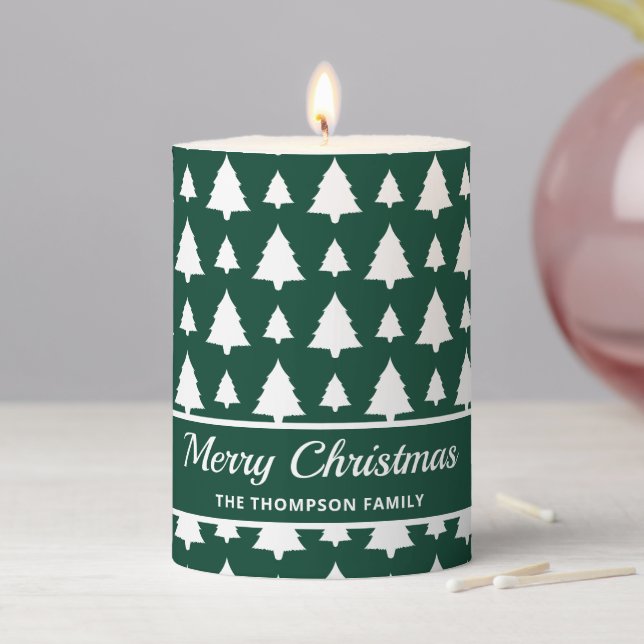 Green And White Fir Christmas Tree Pattern & Text Pillar Candle (In Situ)