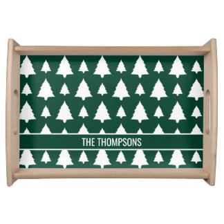 Green And White Fir Christmas Tree Pattern &amp; Text Serving Tray