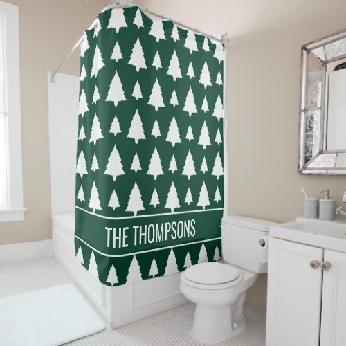 Green And White Fir Christmas Tree Pattern  Text Shower Curtain