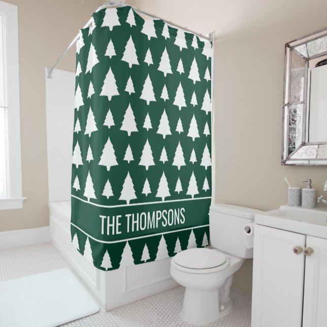 Green And White Fir Christmas Tree Pattern & Text Shower Curtain (In Situ)