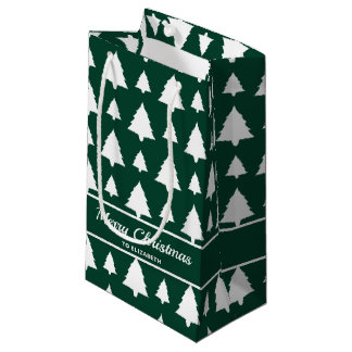 Green And White Fir Christmas Tree Pattern &amp; Text Small Gift Bag