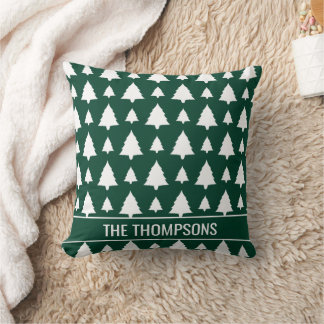 Green And White Fir Christmas Tree Pattern &amp; Text Throw Pillow
