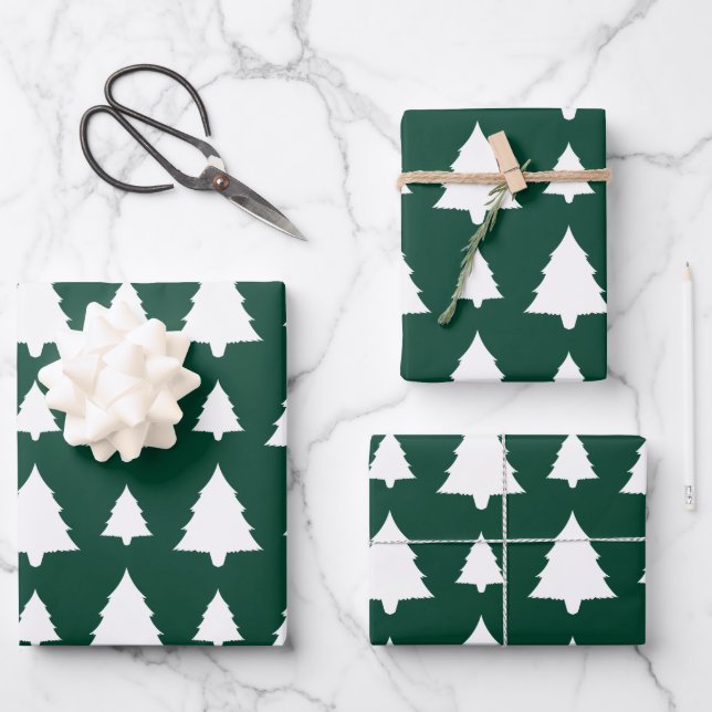 Green And White Fir Christmas Tree Pattern Wrapping Paper Sheets (Front)