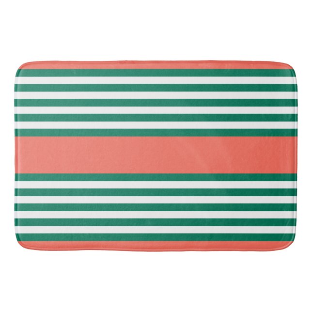 Green and white five stripe pattern with coral bath mat (Front)