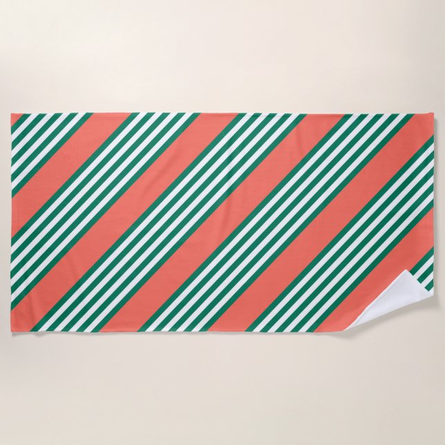 Green and white five stripe pattern with coral beach towel (Front)