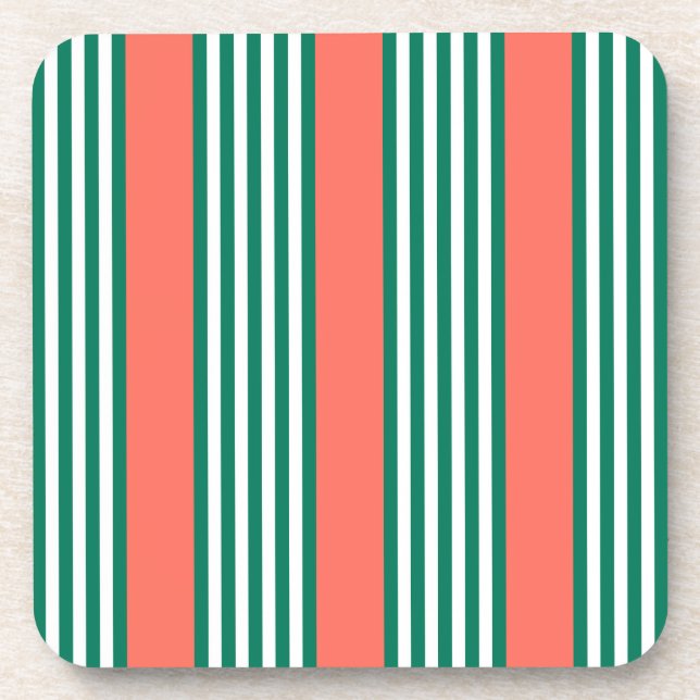 Green and white five stripe pattern with coral beverage coaster (Front)