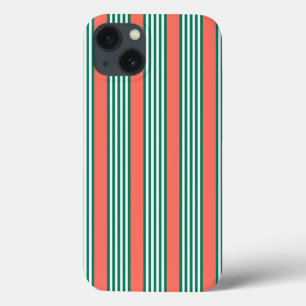 Green and white five stripe pattern with coral iPhone 13 case
