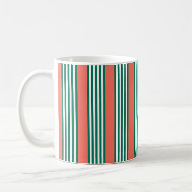 Green and white five stripe pattern with coral coffee mug (Left)