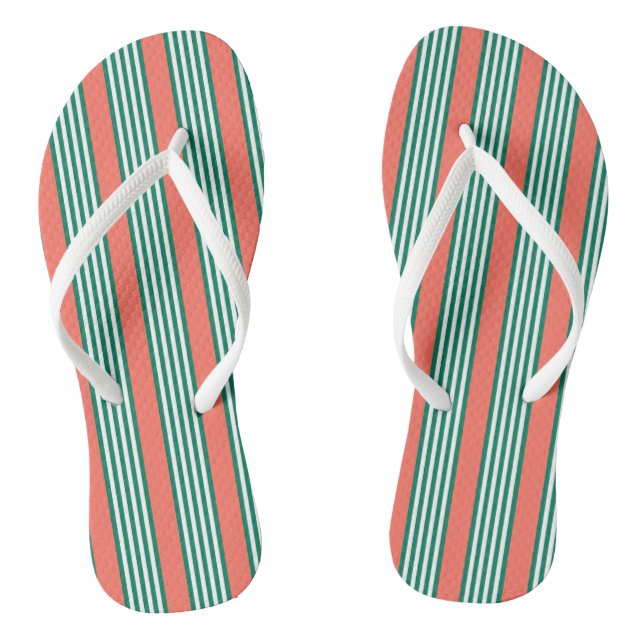 Green and white five stripe pattern with coral flip flops (Footbed)
