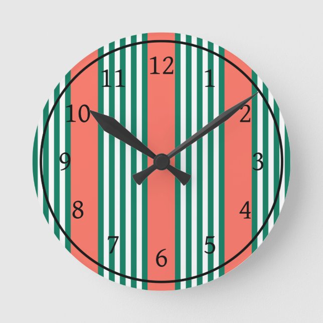 Green and white five stripe pattern with coral round clock (Front)