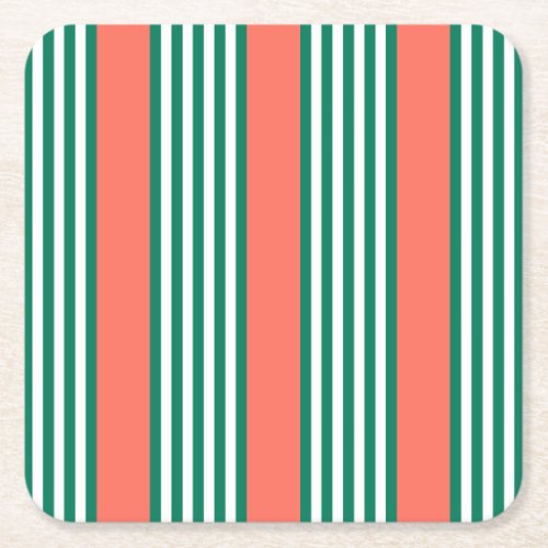 Green and white five stripe pattern with coral square paper coaster