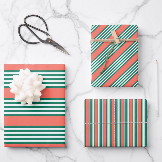 Green and white five stripe pattern with coral wrapping paper sheets (Front)
