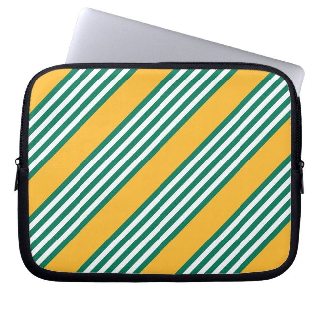 Green and white five stripe pattern with yellow laptop sleeve (Front)
