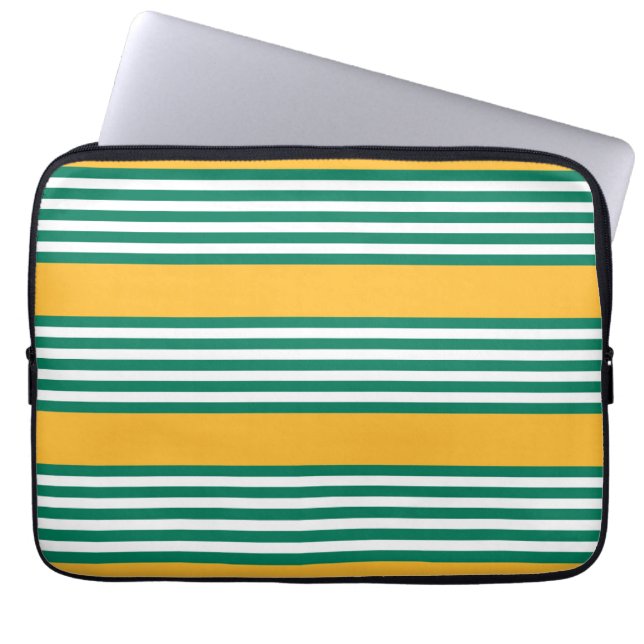 Green and white five stripe pattern with yellow laptop sleeve (Front)