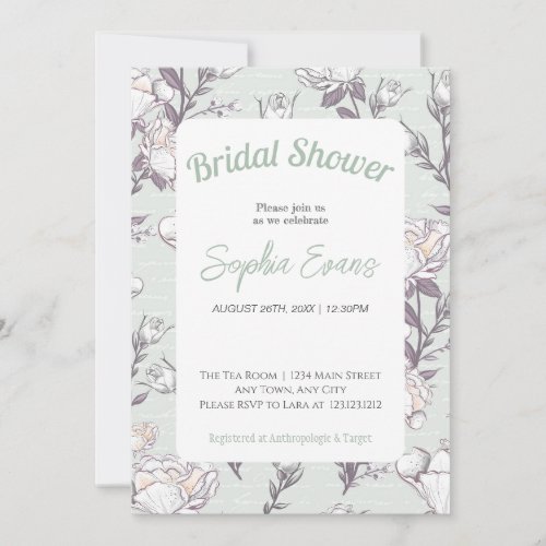 Green and White Floral Bordered Bridal Shower Invitation