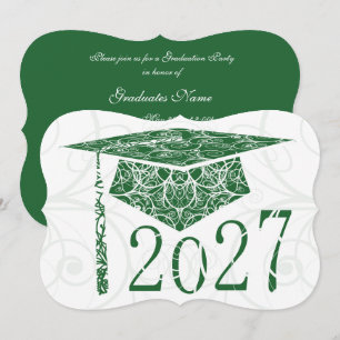 Green and White Floral Cap 2027 Graduation Party Invitation