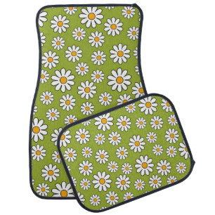 Green and White Floral Daisy Pattern Car Floor Mat