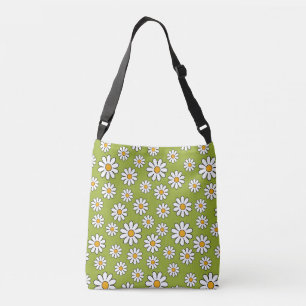 Green and White Floral Daisy Pattern Crossbody Bag
