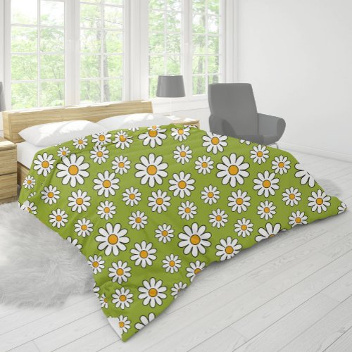 Green and White Floral Daisy Pattern Duvet Cover