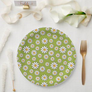 Green and White Floral Daisy Pattern Paper Plates