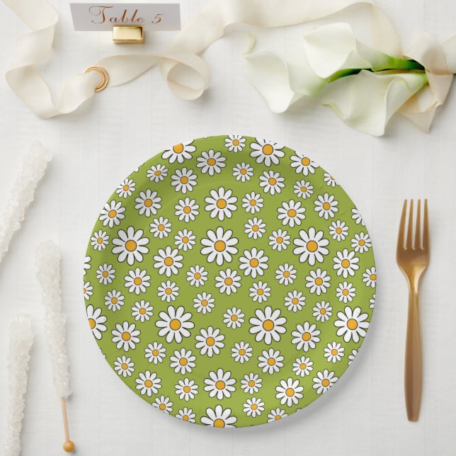 Green and White Floral Daisy Pattern Paper Plates (Wedding)