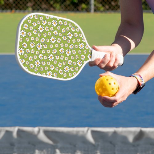 Green and White Floral Daisy Pattern Pickleball Paddle